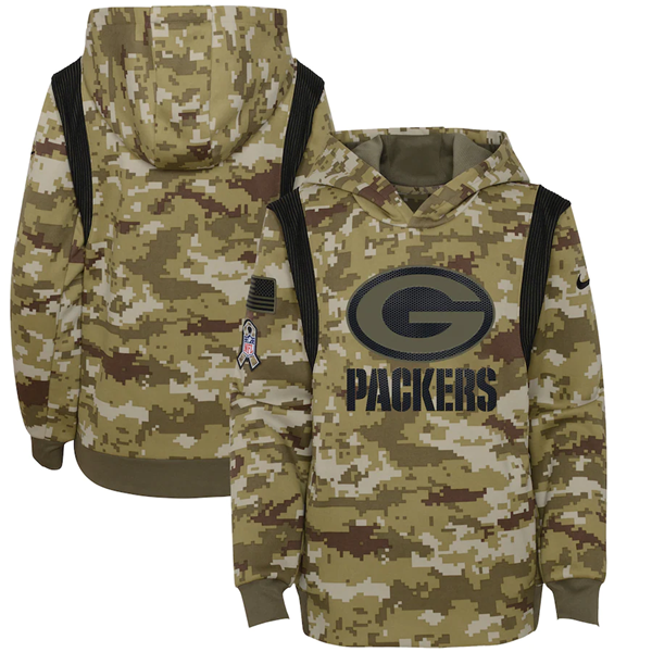 Youth Green Bay Packers 2021 Camo Salute To Service Therma Performance Pullover Hoodie